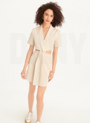 Beige Women's DKNY Linen Cut Out Dresses | Australia-D1602