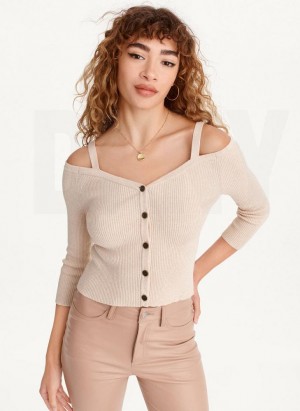 Beige Women's DKNY Long Sleeve Cold Shoulder Sweaters | Australia-D1708