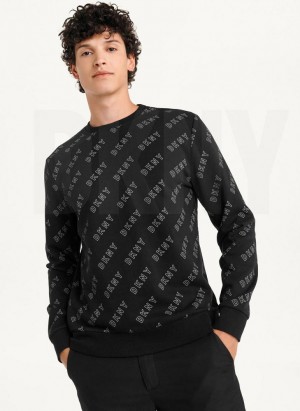 Black Men's DKNY All Over Logo French Terrycrewneck Sweatshirts | Australia-D1206