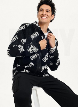 Black Men's DKNY All Over Logo Sherpa Jackets | Australia-D1020
