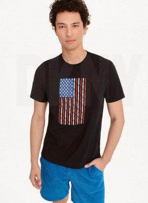 Black Men's DKNY American Flag Logo T Shirts | Australia-D1726