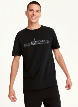 Black Men's DKNY Cityscape Sketch T Shirts | Australia-D1706