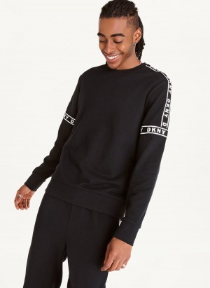 Black Men's DKNY Cotton French Terry Hockey Crewneck Sweatshirts | Australia-D0908