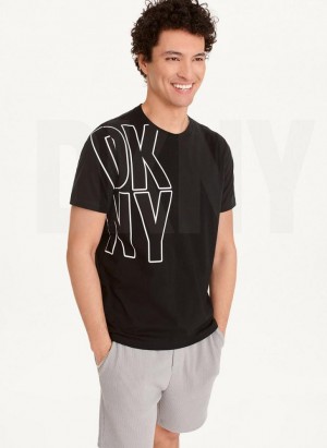 Black Men's DKNY Exploded Logo Outline T Shirts | Australia-D1627