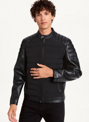 Black Men's DKNY Faux-Leather Contrast Motocross Jackets | Australia-D1902