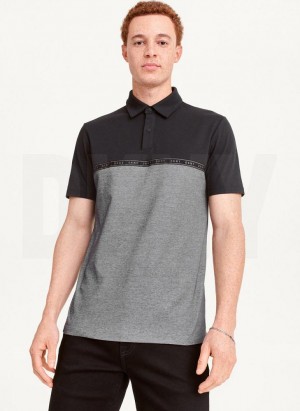 Black Men's DKNY Logo Tape Detail Polo Shirts | Australia-D0883