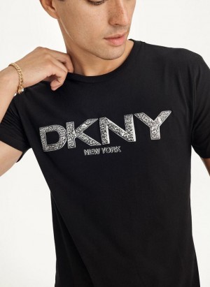 Black Men's DKNY Metallic Puff Logo T Shirts | Australia-D0294