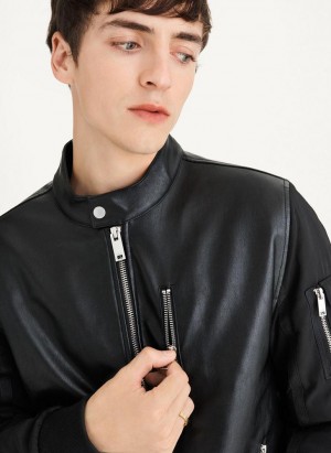 Black Men's DKNY Mixed Media Faux Leather Bomber Jackets | Australia-D1530