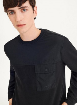 Black Men's DKNY Mixed Media Pocket Long Sleeve Knit T Shirts | Australia-D0300