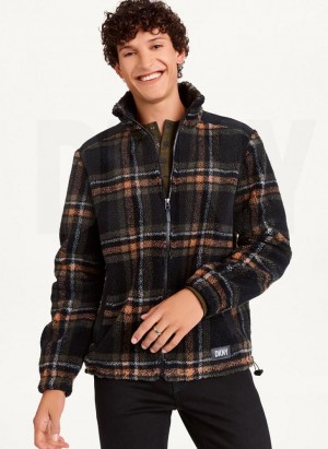 Black Men's DKNY Plush Plaid Shirt Jackets | Australia-D1519
