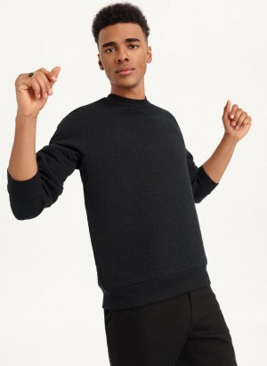 Black Men's DKNY Quilted Knit Allover Logo Crewneck Sweatshirts | Australia-D1374