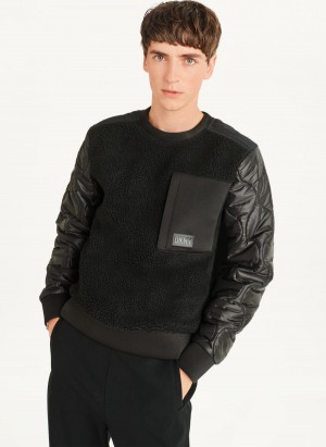 Black Men's DKNY Quilted Sleeve Crew Neck Sweatshirts | Australia-D1173