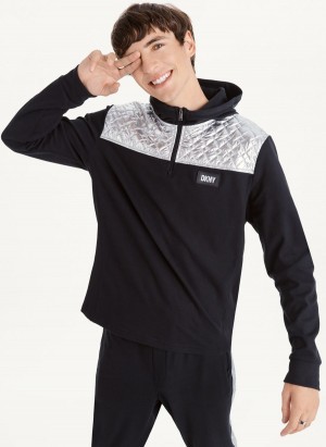 Black Men's DKNY Silver Contrast 1/2 Zip Hoodies | Australia-D1633