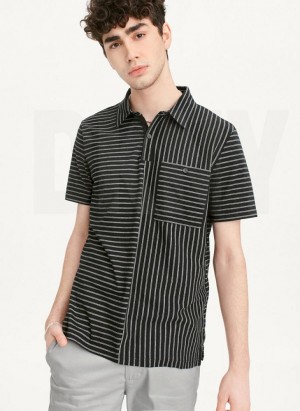 Black Men's DKNY Slub Jersey Stripe Polo T Shirts | Australia-D0203