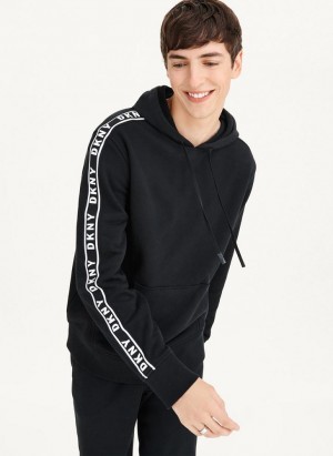 Black Men's DKNY Taped Logo Hoodies | Australia-D0111