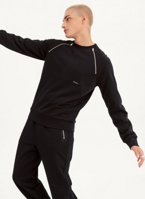 Black Men's DKNY Zipper Detail Crewneck Sweatshirts | Australia-D1588