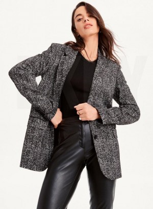 Black White Women's DKNY Long Sleeve Trim Tailored Jackets | Australia-D0428