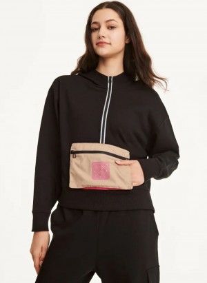 Black Women's DKNY Cotton French Terrywith Bag Kangaroo Pocket Hoodies | Australia-D1205