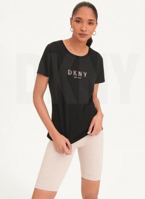 Black Women's DKNY Crinkle Foil Spec Logo T Shirts | Australia-D0481
