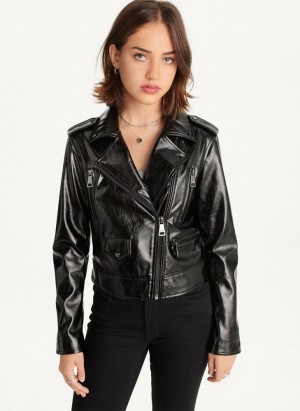 Black Women's DKNY Crinkle Moto Jackets | Australia-D0529