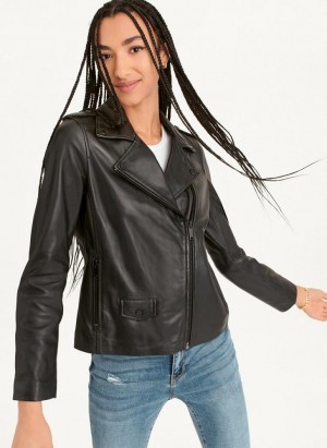 Black Women's DKNY Cropped Leather Jackets | Australia-D1244