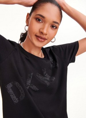 Black Women's DKNY Diagonal Rhinestone Logo T Shirts | Australia-D0664