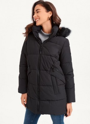 Black Women's DKNY Double-Pocketed Faux-Fur Long Puffer Coats | Australia-D0776