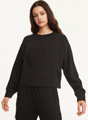 Black Women's DKNY Embossed Logo Crewneck Sweatshirts | Australia-D0515