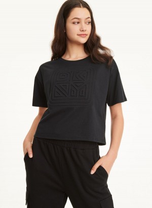 Black Women's DKNY Embossed Logo Jersey T Shirts | Australia-D0707