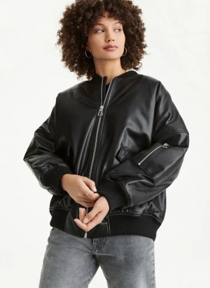 Black Women's DKNY Faux Leather Oversized Bomber Jackets | Australia-D1537