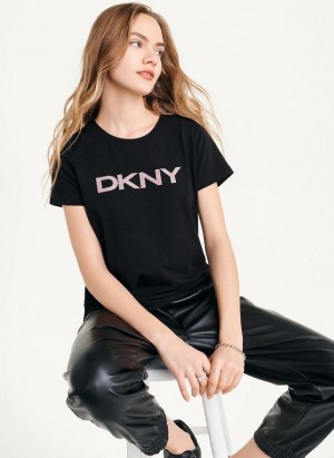 Black Women's DKNY Glitter Logo T Shirts | Australia-D1258
