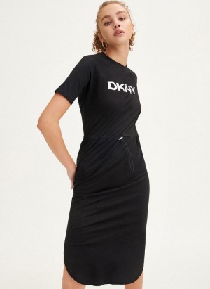 Black Women's DKNY Logo Drawstring Waist Dresses | Australia-D1368