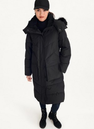 Black Women's DKNY Long Puffer With Faux Fur Hood Coats | Australia-D0373
