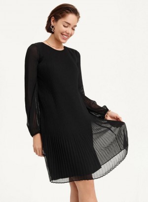 Black Women's DKNY Long Sleeve Pleated A Line Dresses | Australia-D1053