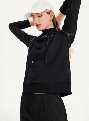 Black Women's DKNY Long Sleeve Zipper Shoulder With Detachable Hoodies | Australia-D1942