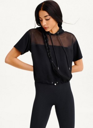 Black Women's DKNY Mesh Blocked Short Sleeve Hoodies | Australia-D1386