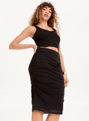 Black Women's DKNY Mesh Side Ruch Midi Skirts | Australia-D0118