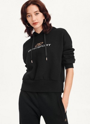 Black Women's DKNY Mixed Distressed Metallic Logo Cropped Hoodies | Australia-D1739