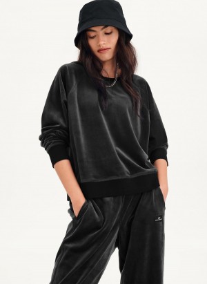 Black Women's DKNY Platinum Velour Pullover Sweatshirts | Australia-D1176