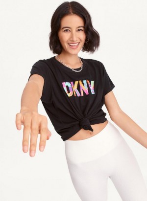 Black Women's DKNY Pride Logo Knot Front T Shirts | Australia-D0612