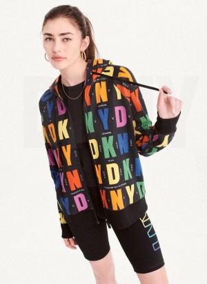 Black Women's DKNY Pride Logo Zip Front Hoodies | Australia-D1335