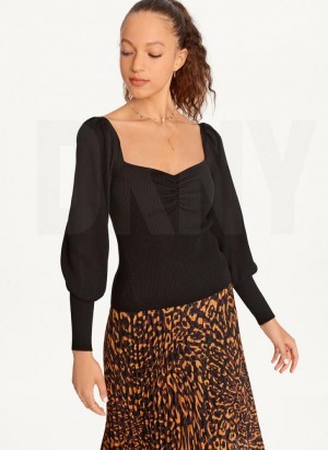Black Women's DKNY Puff-Sleeve Sweatheart Sweaters | Australia-D1846