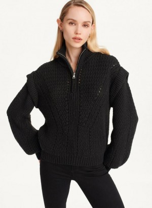 Black Women's DKNY Quarter Zip Cable Knit Sweaters | Australia-D0985