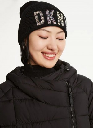 Black Women's DKNY Rhinestone Patch Logo Beanie Beanie | Australia-D0329