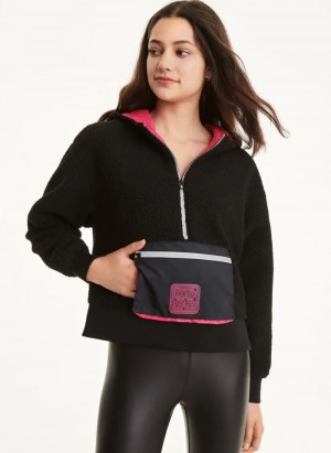 Black Women's DKNY Sherpa with Kangaroo Pocket Hoodies | Australia-D0332
