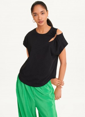 Black Women's DKNY Shoulder Cut Out T Shirts | Australia-D0616