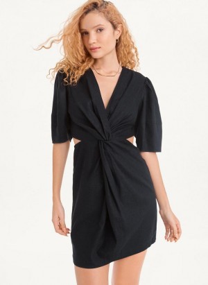 Black Women's DKNY Side Cut Linen Mini Dresses | Australia-D0605