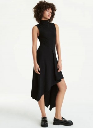 Black Women's DKNY Sleeveless Asymmetrical Rib Hacci Midi Dresses | Australia-D1006