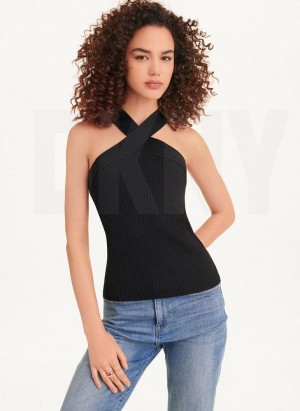 Black Women's DKNY Sleeveless Crossover Sweaters | Australia-D1385