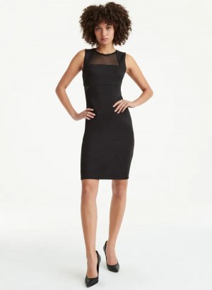 Black Women's DKNY Sleeveless Scuba With Mesh Midi Dresses | Australia-D1987